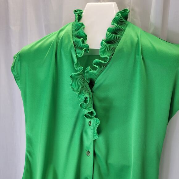 Contemporary Classics Vintage 80s Short Sleeve Button Front w/ Ruffle Collar, M - Picture 3 of 7